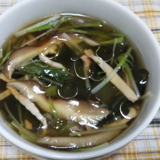 干し椎茸とハムと水菜とワカメとえごま油のスープ☆